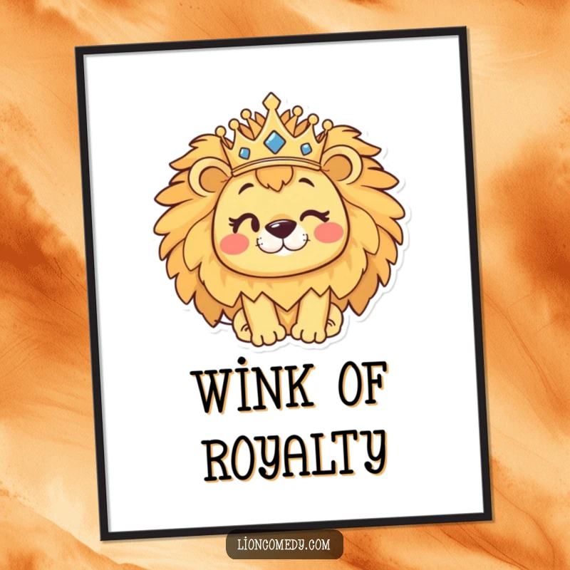 Funny kawaii lion digital art print of a cute winking lion wearing a crown, ready for instant download and display.