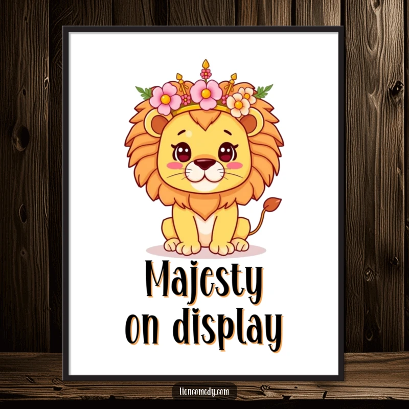 Funny Kawaii Lion Digital Art Print, a proud creature balancing a delicate flower crown, adding majestic charm and joyful vibes to any digital display.