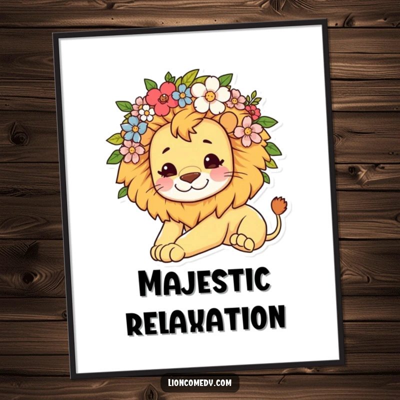 Funny digital art print of a kawaii lion with a flower mane, stretching lazily and radiating relaxed, cute vibes.