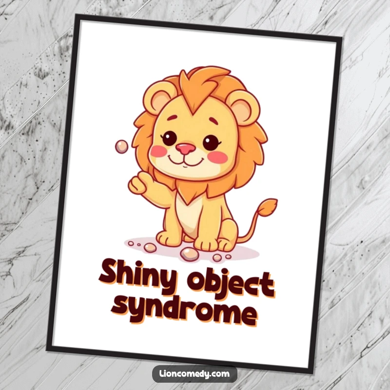 Funny kawaii lion cub with a curious head tilt, juggling shiny pebbles, available as an instant digital art print.