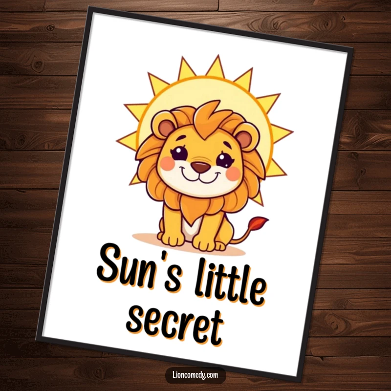 Funny digital art print of a kawaii lion with a mischievous grin, hiding behind a large, bright sun.