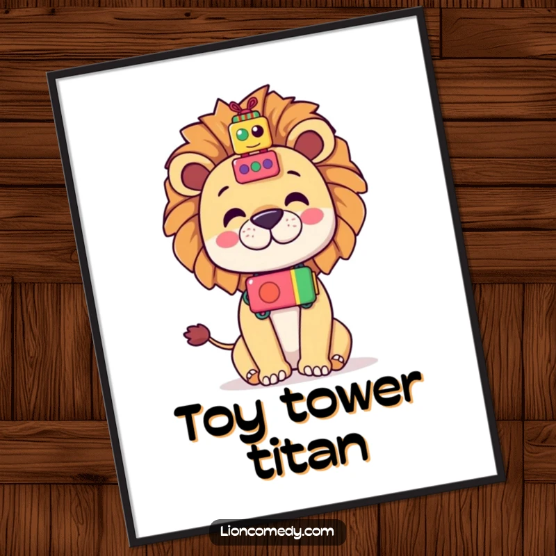 Funny Kawaii Lion Digital Art: A cute lion balances toys on its nose, downloadable humor and art.