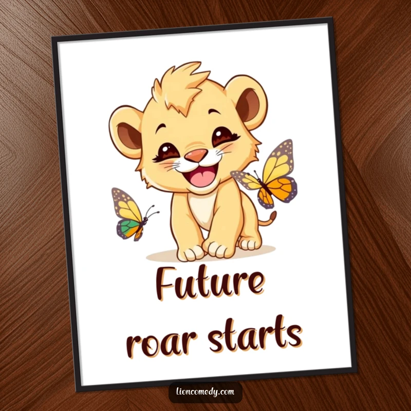 Funny Lion Cub Butterfly Digital Art Print, a cute lion cub with a wide grin, playfully chasing a butterfly.