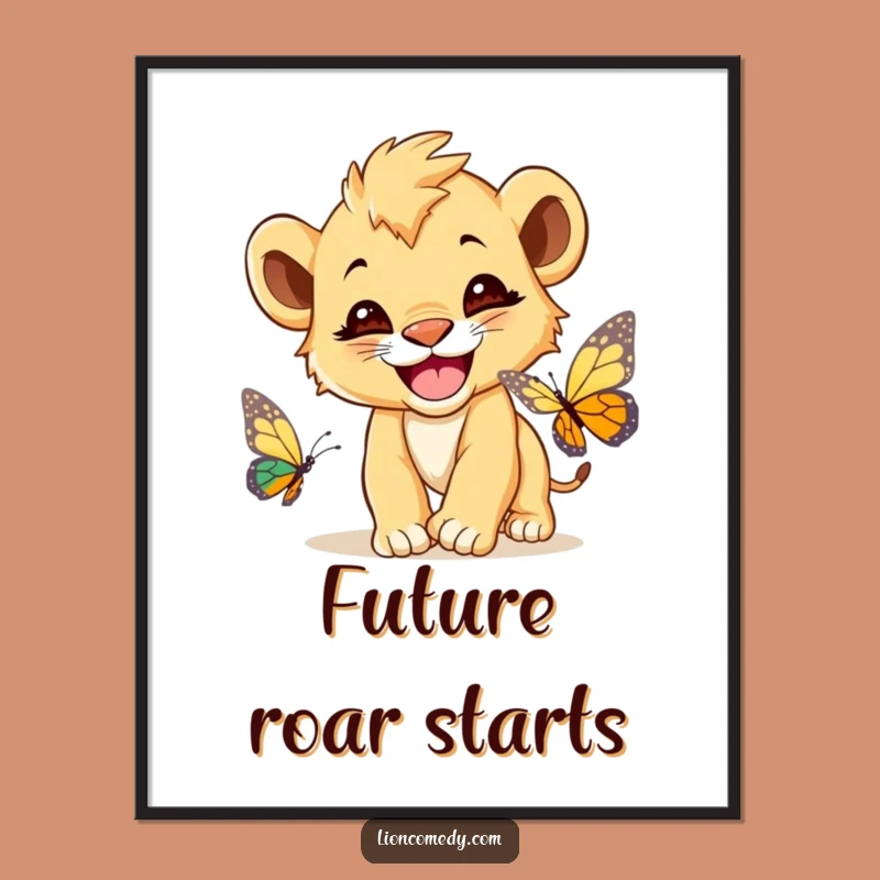 Funny Lion Cub Butterfly Digital Art - Cute Decor, Perfect Gift