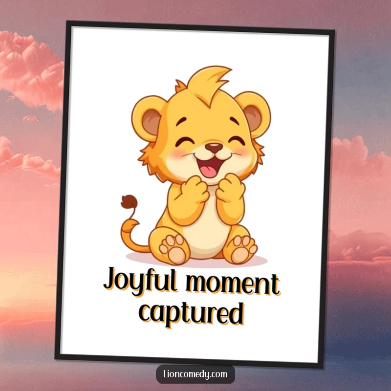 Funny Digital Art Print of a lion cub clapping its paws together in delight, embodying pure happiness.