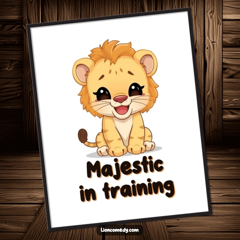 Funny Digital Art: A giggling lion cub hilariously pretends to be a big cat. A downloadable, humorous artwork for instant joy.