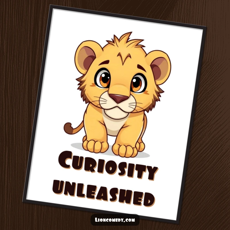 Funny Digital Art Print of a lion cub pouncing forward, its eyes wide with curiosity, bringing playful energy.