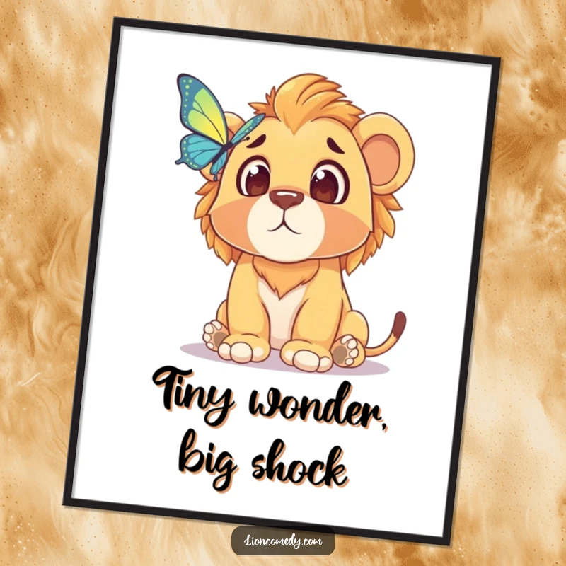 Funny digital art print of a lion cub's comically surprised expression at a butterfly, providing instant wall decor and humor.