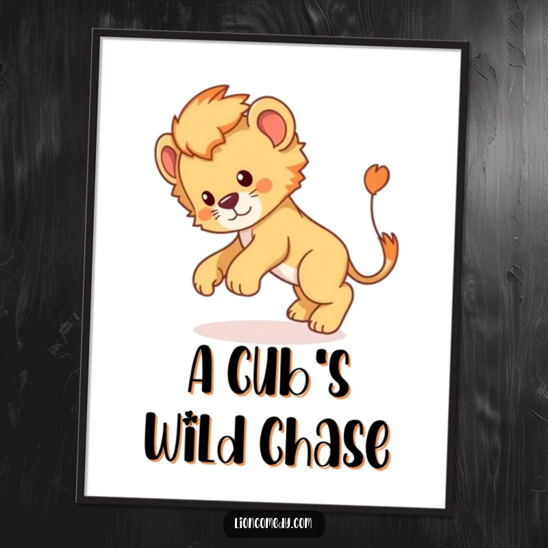 Funny Lion Cub Digital Art Print: A high-resolution image of a funny lion cub chasing its tail, full of playful energy.