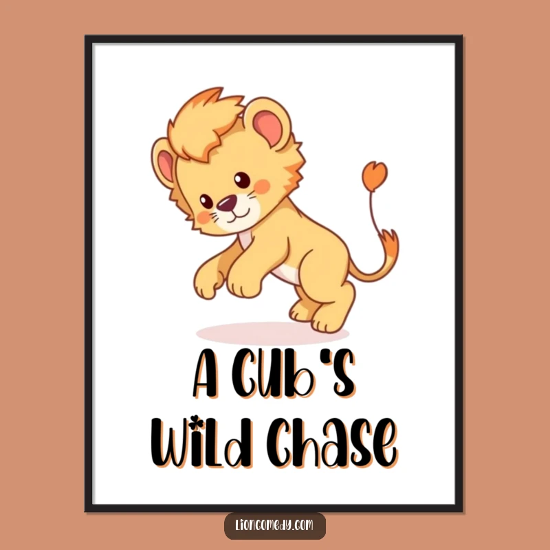 Funny Lion Cub Tail Chase Digital Art: Vibrant Cartoon Print for Instant Fun