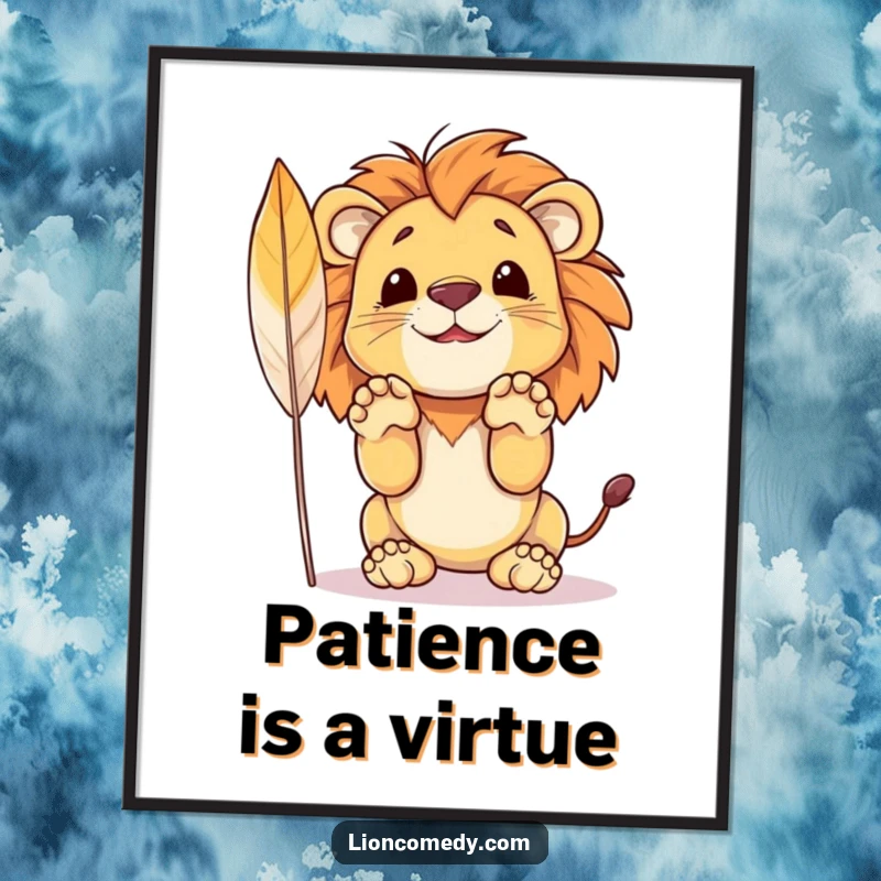 Funny digital art of a cute lion cub mid-pounce, paws up, excitedly targeting a feather for a playful attack.