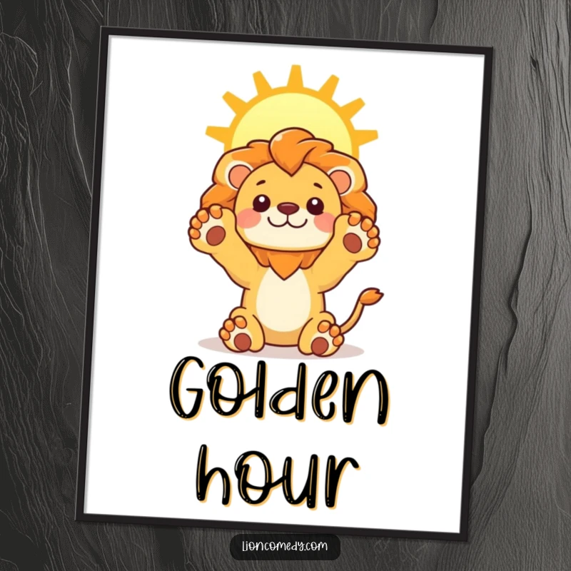 Funny Lion Sun Digital Art Print of a kawaii lion stretching its paws upwards towards a bright sun, ready for uplifting display.