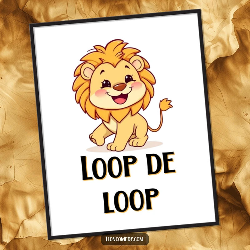 Funny Lion Tail Digital Art Print of a kawaii lion with a wide happy grin, hilariously chasing its own tail, ready for humorous display.