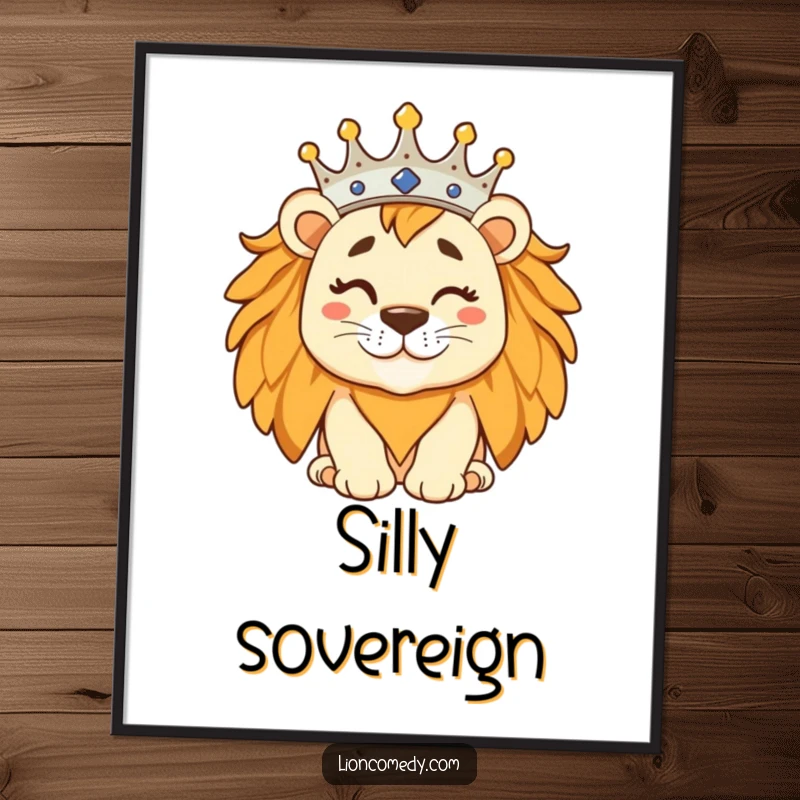 Funny regal lion with a tilted crown and a wink, available as a digital art print for instant charming decor.