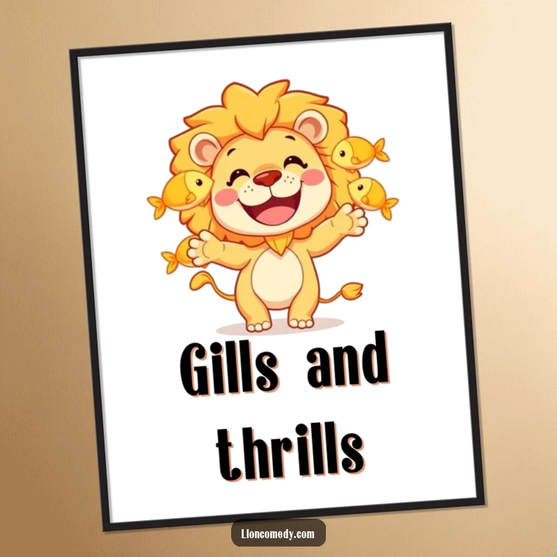Funny digital art print of a happy lion character juggling golden fish with a wide grin, ready to bring humor to any wall.