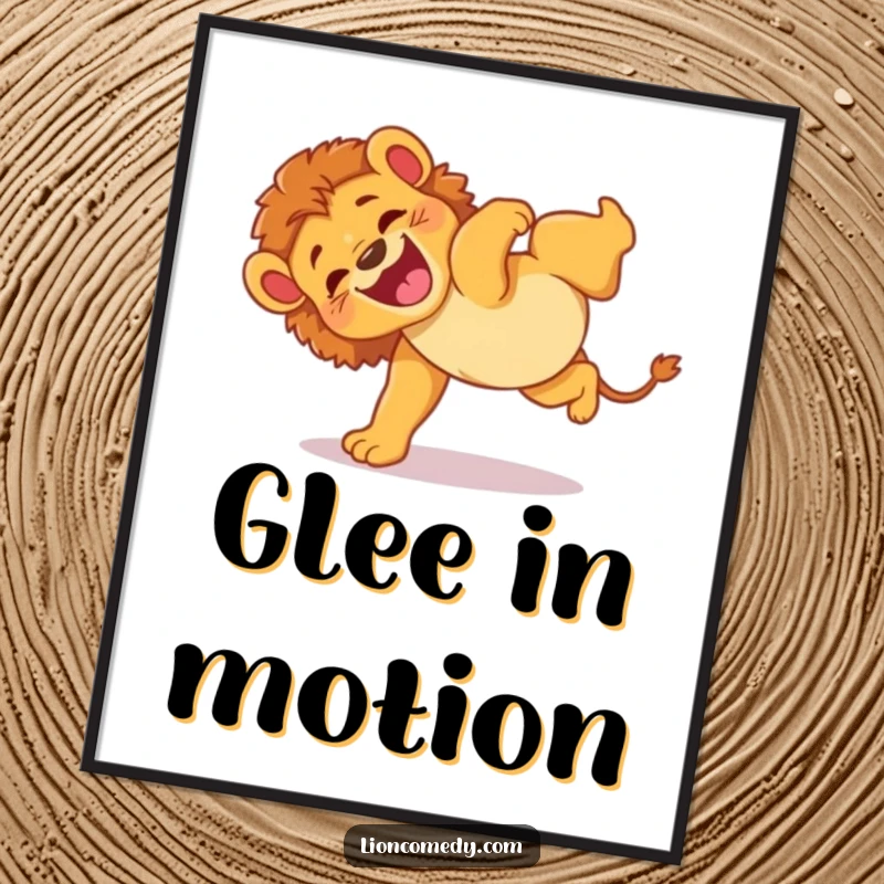 Funny digital art print of an energetic lion cub doing a clumsy somersault with glee, ready to bring playful vibes.