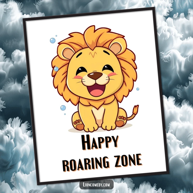 Funny Lion Roaring Bubbles Digital Art Print, a smiling lion roaring with pure joy, emitting tiny, whimsical bubbles.