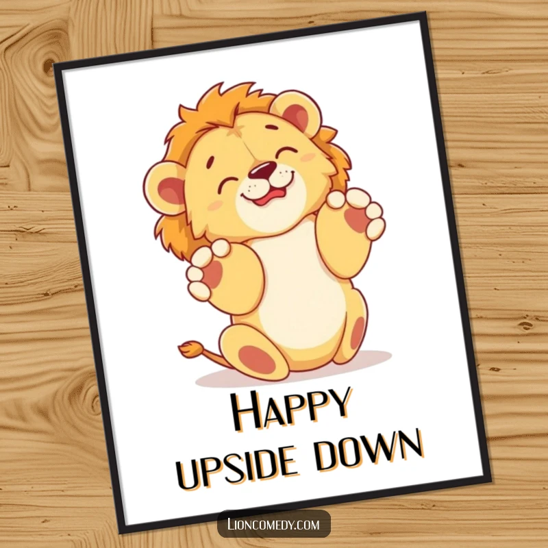 Funny digital art print of a lion cub joyfully rolling on its back with paws in the air, providing instant decor and humor.