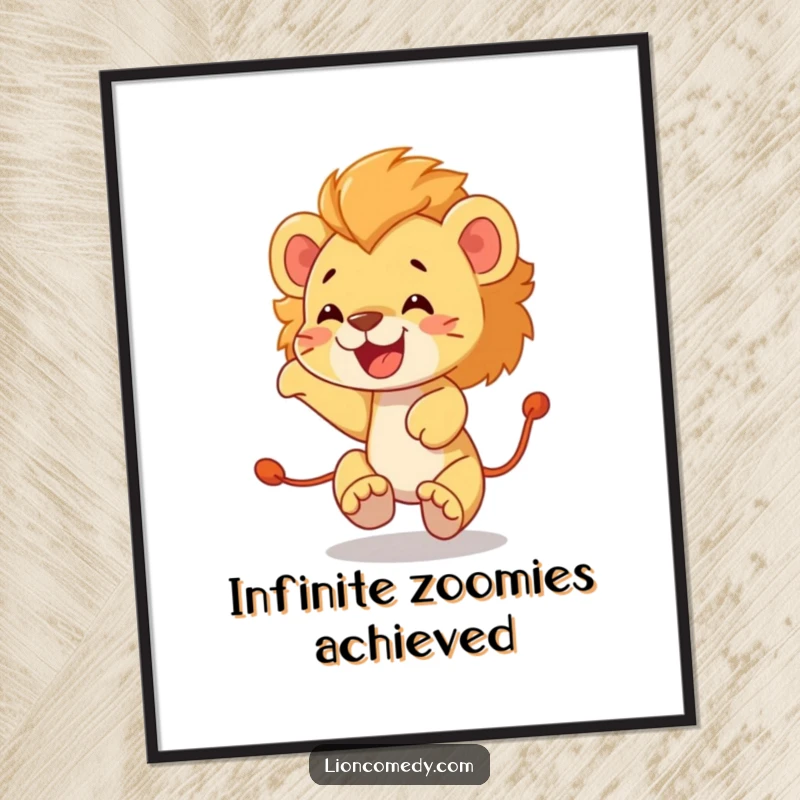 Funny lion cub digital art print of a joyful cub gleefully chasing its own tail in a dizzying, energetic circle.