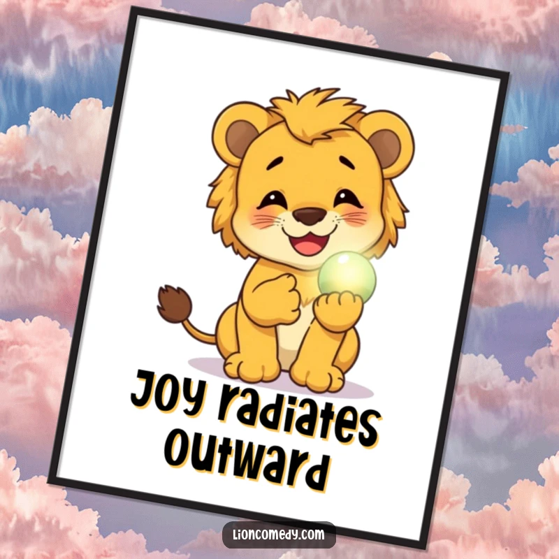 Funny digital art print of a lion cub giggling while holding a small, glowing magical orb, providing instant decor and humor.