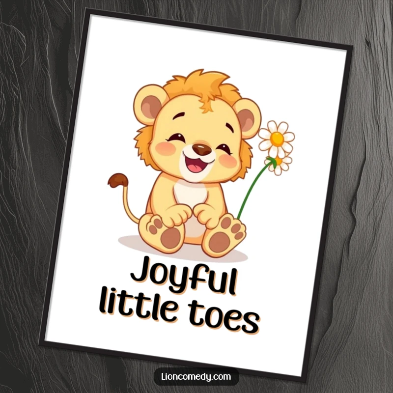 Funny Lion Cub Digital Art: A delighted cub wiggles its toes, tickled by a daisy, bringing pure joy to your decor.