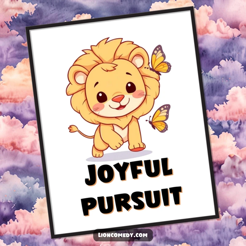 Funny lion with a cheerful expression joyfully chasing a butterfly, available as a digital art print for instant joyful decor.