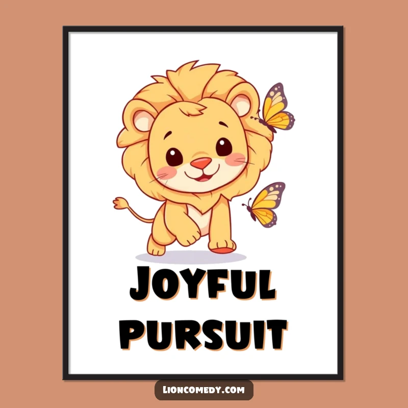 Funny Cheerful Lion Digital Art - Playful Butterfly Chase Print for Instant Decor Gift