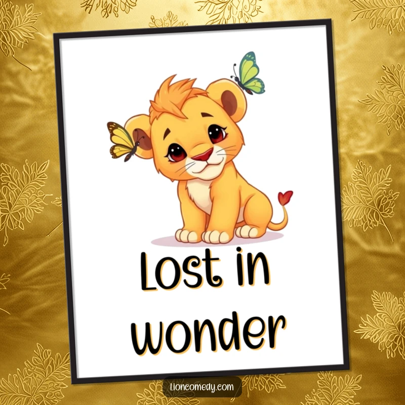 Funny Lion Cub Digital Art: A curious cub tilts its head, captivated by a fluttering butterfly, perfect wall decor.