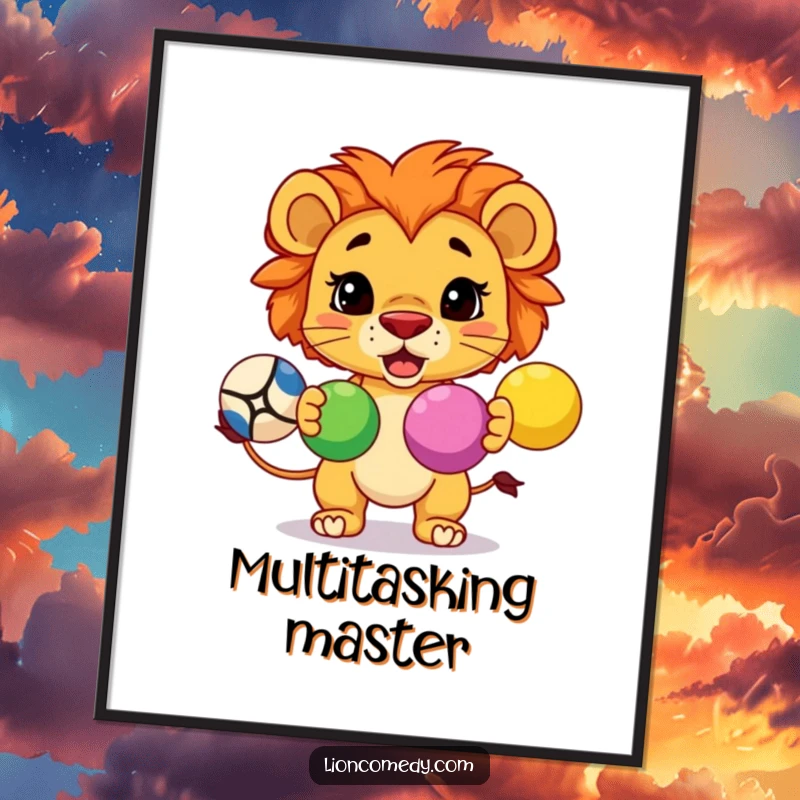 Funny digital art print of a determined kawaii lion juggling three colorful balls, depicting skill and concentration.