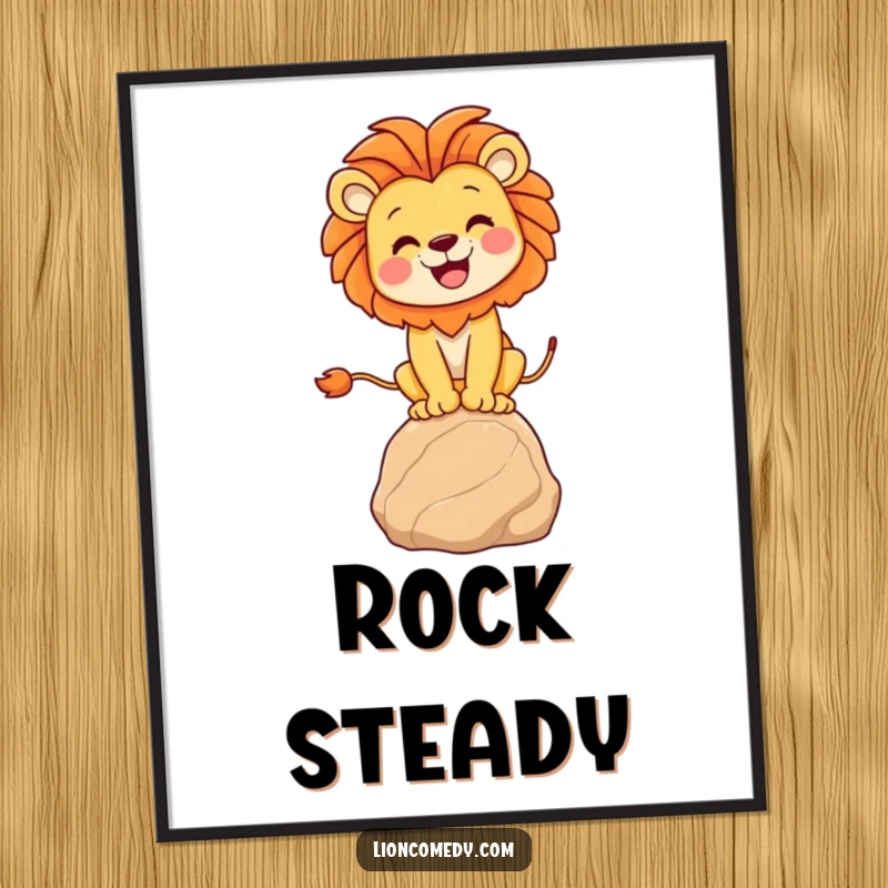 Funny lion balancing digital art print capturing a joyful lion on a rock, offering instant, humorous, and uplifting wall decor.