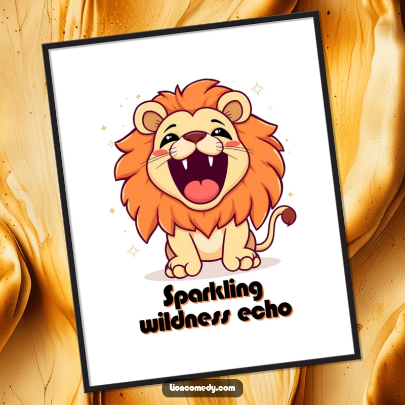 Funny kawaii lion roaring with exaggerated joy, sparkling background, perfect for decorating screens or printable art with a huge dose of cheer.