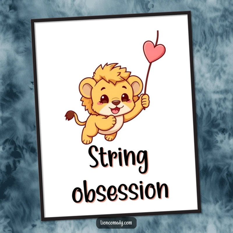 Funny digital art print of a kawaii lion cub playfully pouncing on a string, depicting pure joy and energy.