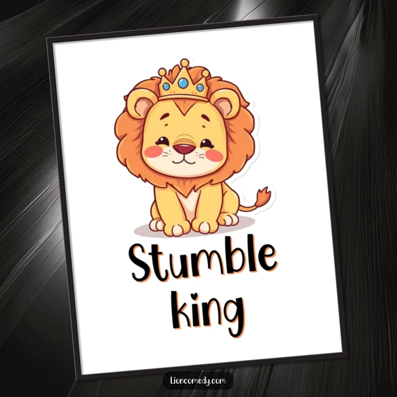Funny digital art print of a regal kawaii lion wearing a crown, hilariously stumbling, perfect for wall decor.