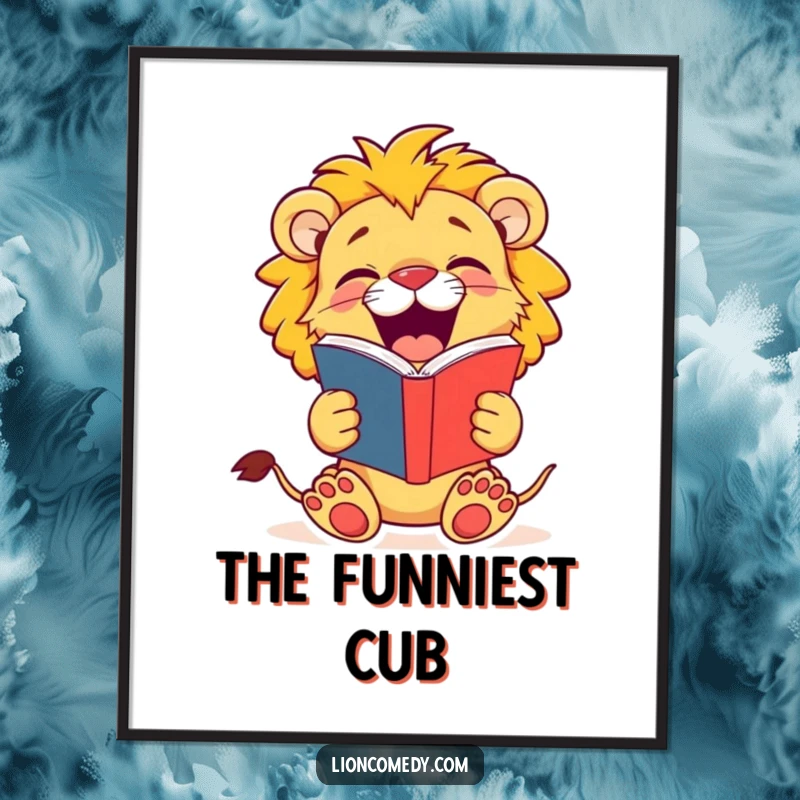 Funny Lion Cub Digital Art: A jovial cub roars with laughter from its joke book, bringing instant cheer to your walls.