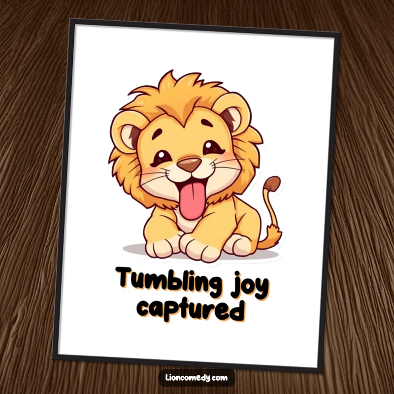 Funny Digital Art of a happy lion cub in a joyful tumble with its tongue sticking out, creating an irresistibly cute and humorous wall art.