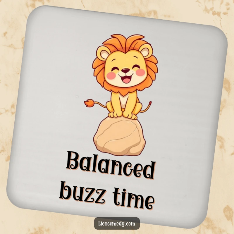 Funny lion balancing coasters showcasing a joyful lion on a rock, protecting surfaces with humorous and uplifting art.