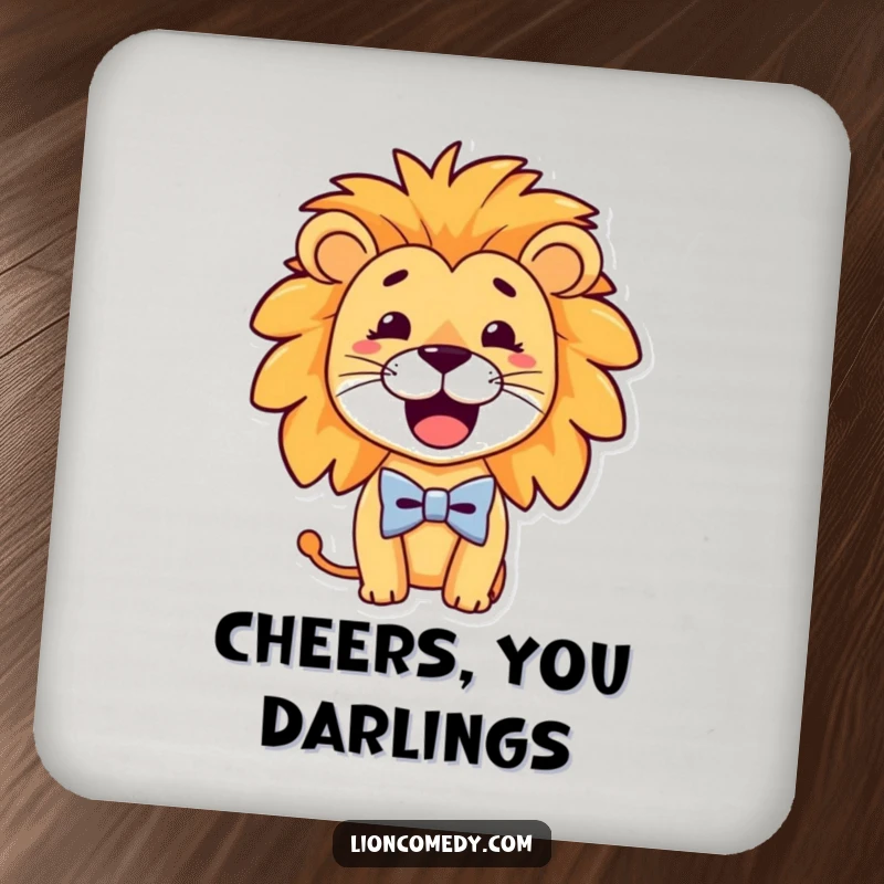Funny Coaster featuring a dapper lion with a goofy smile and a tiny bow tie, providing a charming and humorous surface protection.