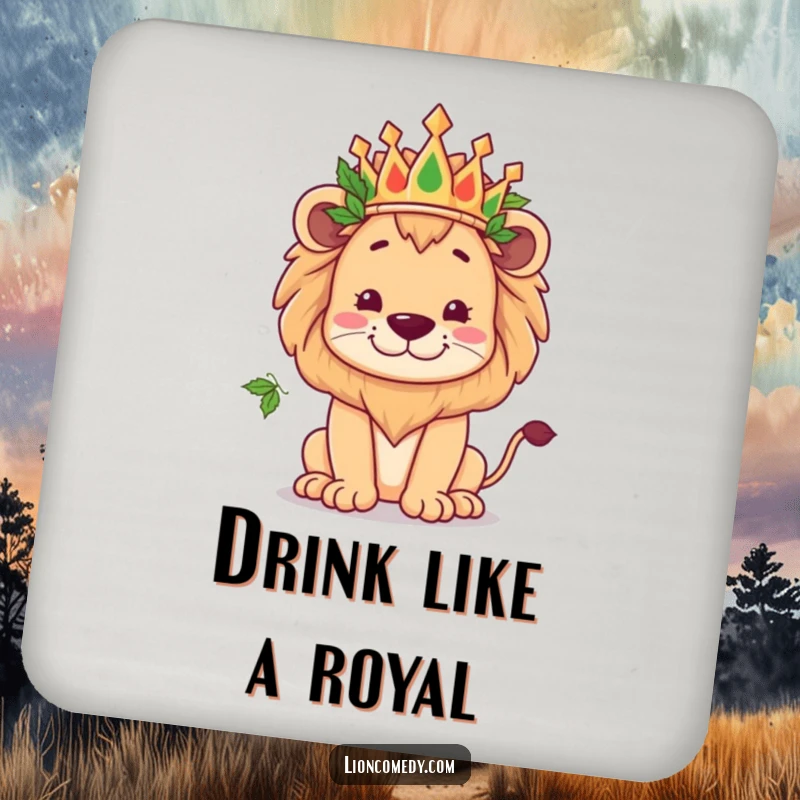 Funny kawaii lion wearing a crown of leaves, striking a kingly yet goofy pose, on a drink coaster.