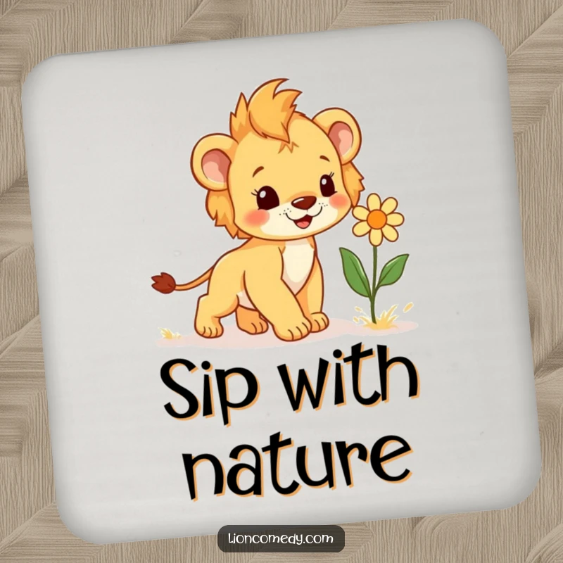 Funny Coaster featuring a joyful lion cub approaching a giggling flower, providing a charming and humorous protection for surfaces.
