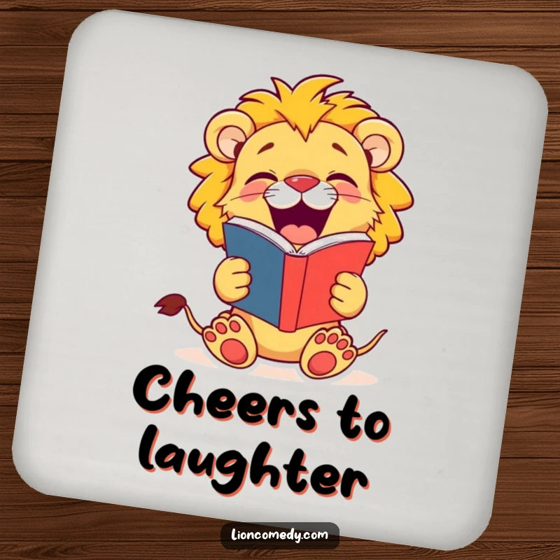 Funny Lion Cub Coaster: A jovial cub laughs heartily from its joke book, protecting your surfaces with humor.