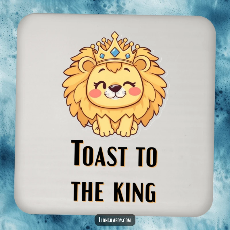 Funny kawaii lion coaster featuring a cute winking lion with a crown, perfect for protecting surfaces with humor.