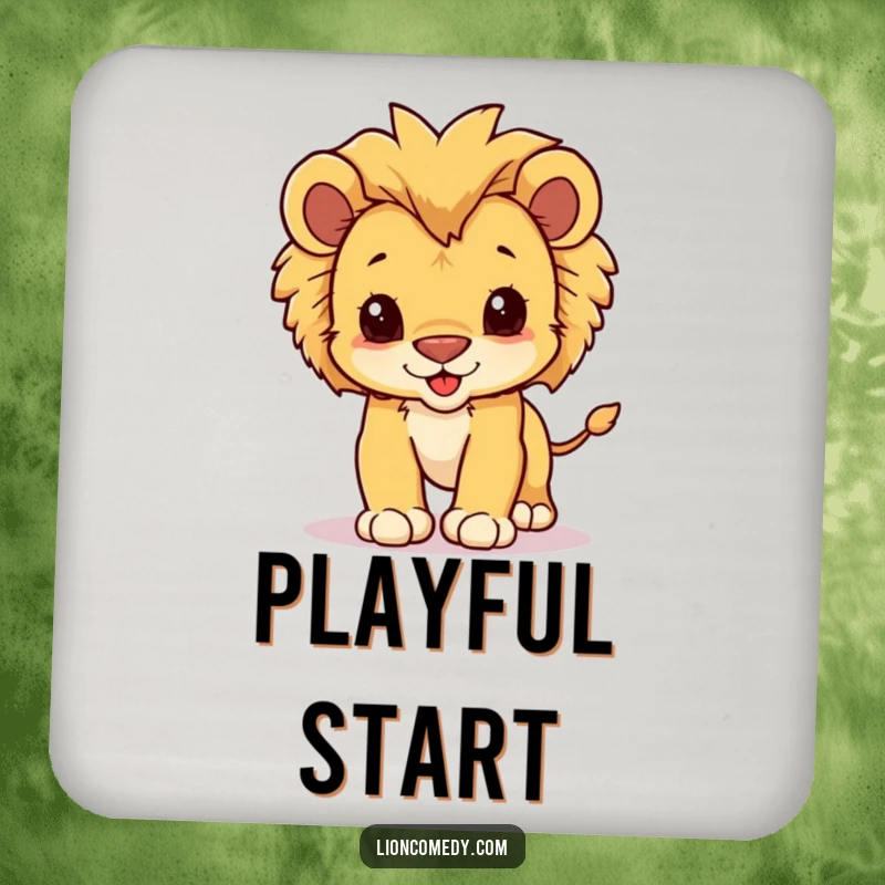 Funny drink coaster featuring a kawaii lion cub with a fluffy mane, playfully pouncing forward.