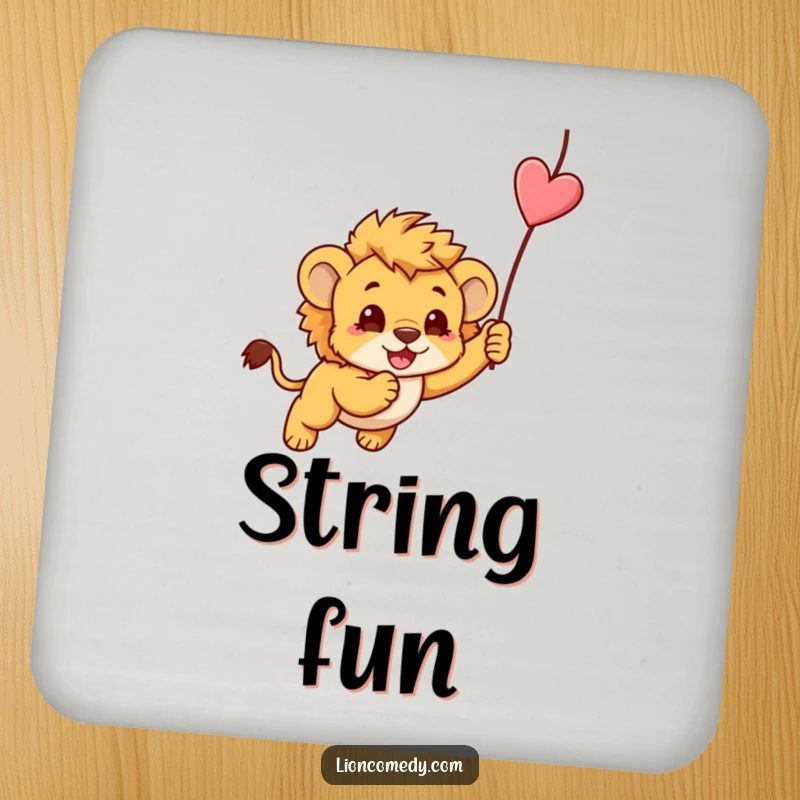 Funny set of coasters featuring a kawaii lion cub playfully pouncing on a dangling string, protecting surfaces with humor.