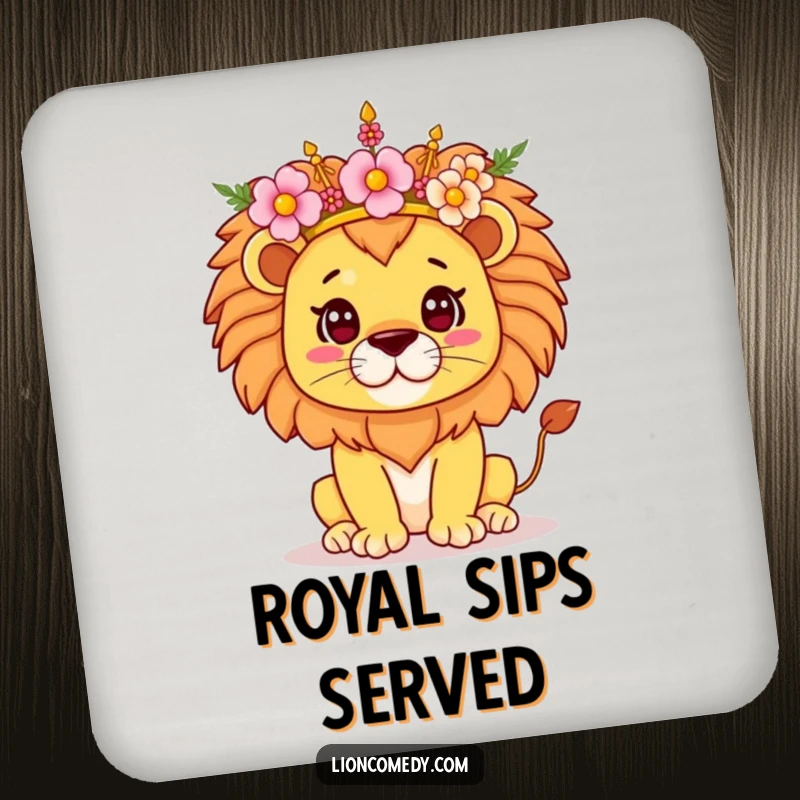Funny Kawaii Lion Coaster, a proud lion balancing a flower crown, protecting surfaces with majestic charm and a touch of playful beauty.