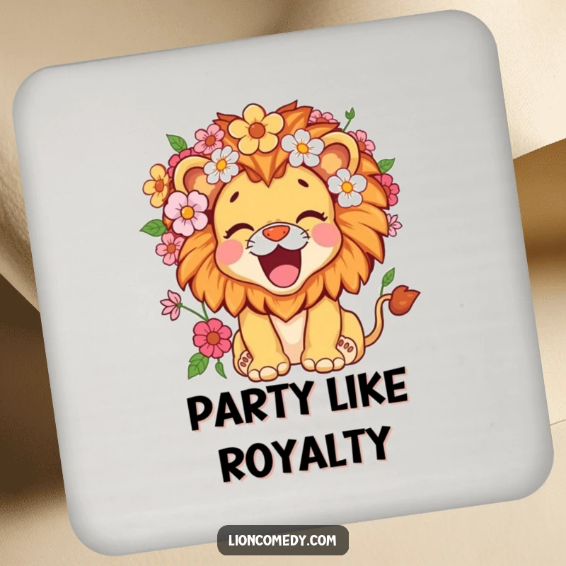 Funny kawaii lion cub with a mane of flowers, roaring with delight, on a drink coaster for tabletop protection.