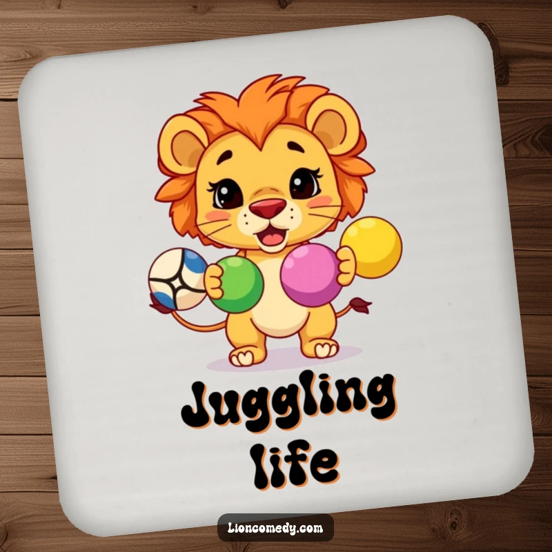 Funny set of coasters featuring a determined kawaii lion juggling three colorful balls, protecting surfaces with skill.