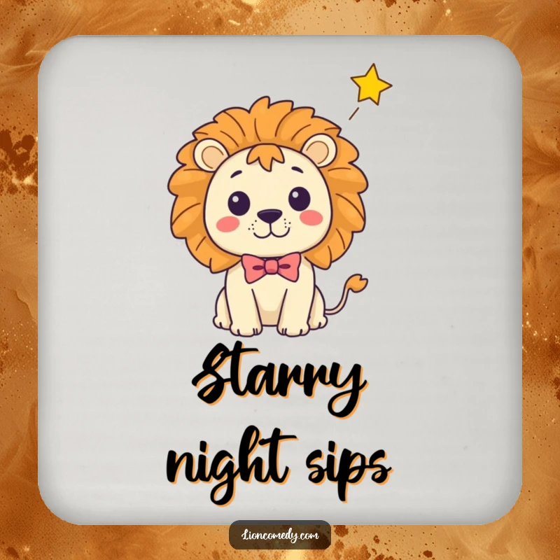 Funny Kawaii Lion Coaster: A surprised cartoon lion in a bow tie with a falling star, protecting surfaces humorously.