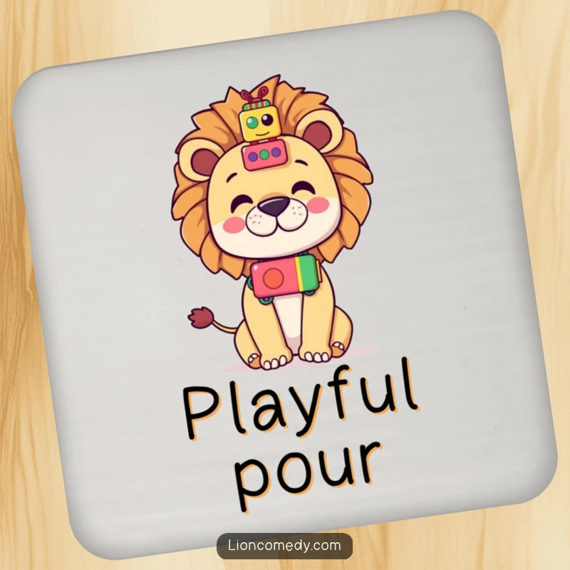Funny Kawaii Lion Coaster: Cartoon lion balancing toys on its nose, a humorous and protective accessory.