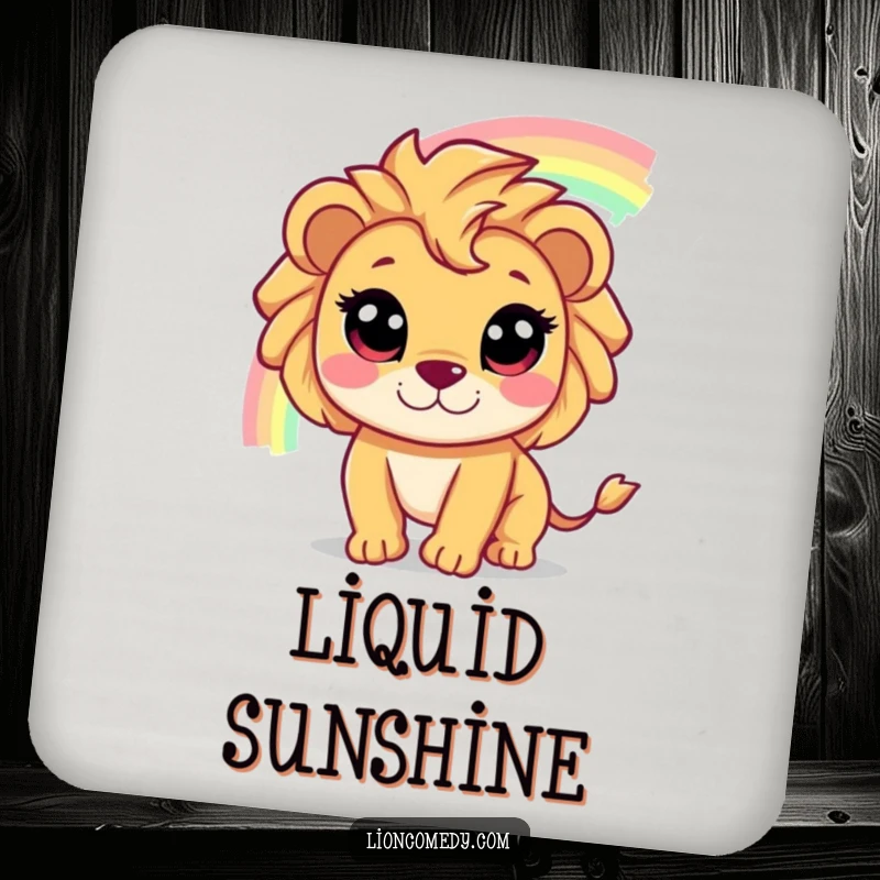 Funny drink coasters featuring a wide-eyed lion character chasing a shimmering rainbow, adding a touch of magic to any table.
