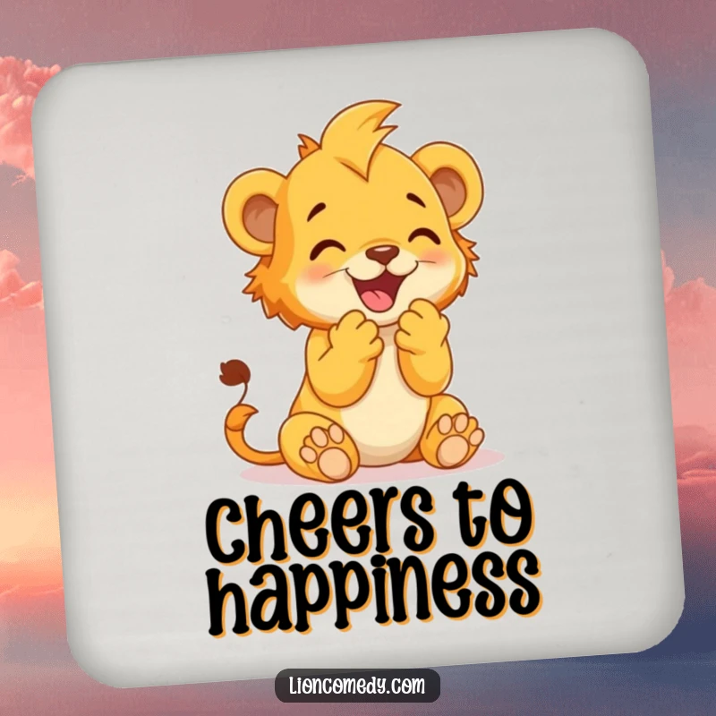 Funny Drink Coaster showcasing a lion cub clapping its paws together in delight, adding joyful humor.